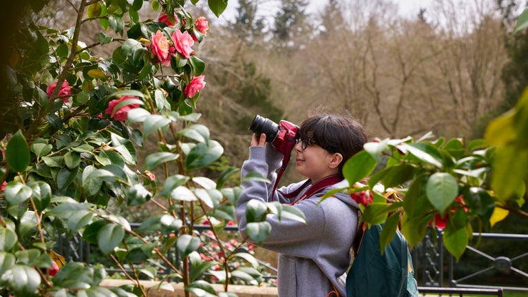 A girl takes a photo of flowers at Claremont Landscape Garden, Surrey